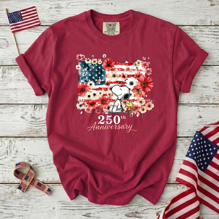 CRIMSON_45df0db6-1a54-45af-8135-3a21721d7fd9 - AuraNations - Comfort Colors 250th Anniversary USA Floral Flag Sitting Dog T-Shirt - Crimson / S - 250TH ANNIVERSARY, ALL, COMFORT COLORS, NO CUSTOM, PRODUCTS, SNPY, TSHIRT