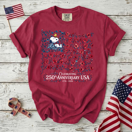 CRIMSON_557e88fb-e57a-43b0-b6e7-d3de449beb60 - AuraNations - Comfort Colors Celebrating 250th Anniversary USA Floral Vine Flag Dog T-Shirt - Crimson / S - 250TH ANNIVERSARY, ALL, COMFORT COLORS, NO CUSTOM, PRODUCTS, SNPY, TSHIRT