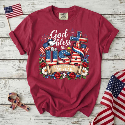 Comfort Colors God Bless The USA Celebrating 250 Years Cross Dog T-Shirt