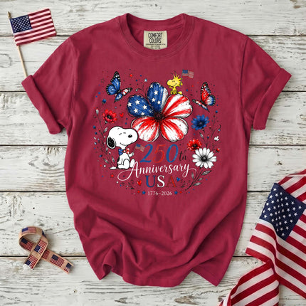 CRIMSON_66137ce5-b737-4782-a4d6-28ab5916543e - AuraNations - Comfort Colors 250th Anniversary USA Flag Flower Butterflies Dog T-Shirt - Crimson / S - 250TH ANNIVERSARY, ALL, COMFORT COLORS, NO CUSTOM, PRODUCTS, SNPY, TSHIRT