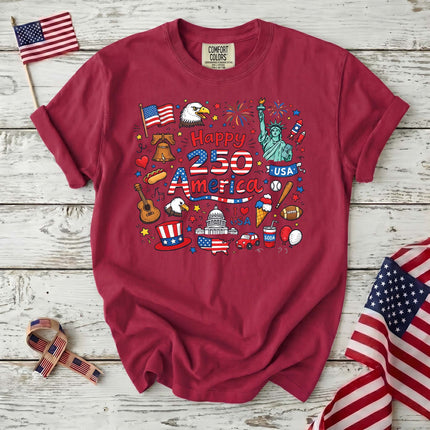 Comfort Colors Happy 250 America Patriotic Icons Doodle T-Shirt