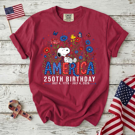 CRIMSON_7a4f886f-6834-4e6f-bb3b-45f26fc6f6e6 - AuraNations - Comfort Colors America 250th Birthday Floral Garden Dog T-Shirt - Crimson / S - 250TH ANNIVERSARY, ALL, COMFORT COLORS, NO CUSTOM, PRODUCTS, SNPY, TSHIRT
