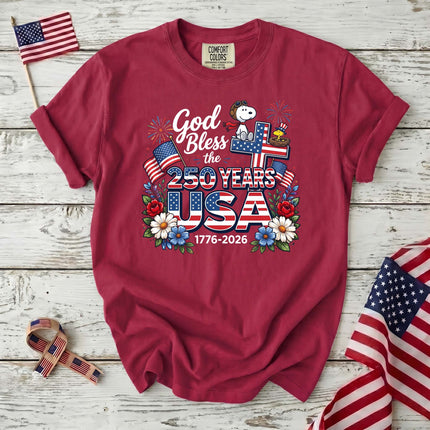 Comfort Colors God Bless The USA 250 Years Patriotic Cross T-Shirt