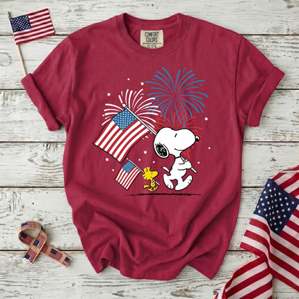 CRIMSON_8a61f214-d6a4-4bbc-8d4d-3cadb053f7e8 - AuraNations - Comfort Colors Fireworks Patriotic Marching Flag Dog T-Shirt - Crimson / S - 250TH ANNIVERSARY, ALL, COMFORT COLORS, NO CUSTOM, PRODUCTS, SNPY, TSHIRT