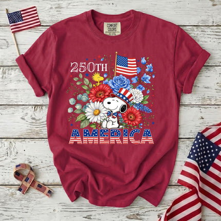 CRIMSON_b5187363-8092-44df-a775-a63980b32323 - AuraNations - Comfort Colors 250th America Patriotic Top Hat Floral Dog T-Shirt - Crimson / S - 250TH ANNIVERSARY, ALL, COMFORT COLORS, NO CUSTOM, PRODUCTS, SNPY, TSHIRT