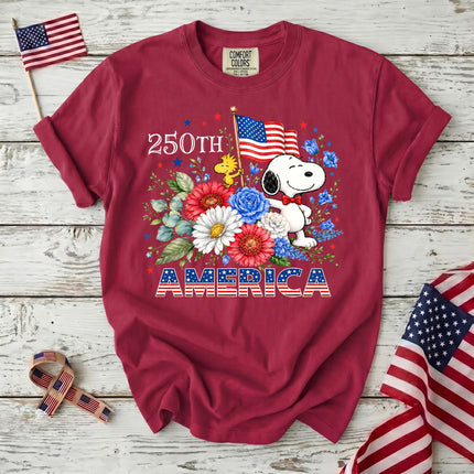 CRIMSON_c9a358ae-a4e4-4407-9a30-db4e18328aa1 - AuraNations - Comfort Colors 250th America Patriotic Floral Bowtie Dog T-Shirt - Crimson / S - 250TH ANNIVERSARY, ALL, COMFORT COLORS, NO CUSTOM, PRODUCTS, SNPY, TSHIRT