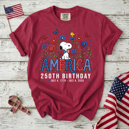 CRIMSON_d0e9ccf6-ce28-43b4-9963-cb07b590a065 - AuraNations - Comfort Colors America 250th Birthday Bowtie Floral Dog T-Shirt - Crimson / S - 250TH ANNIVERSARY, ALL, COMFORT COLORS, NO CUSTOM, PRODUCTS, SNPY, TSHIRT