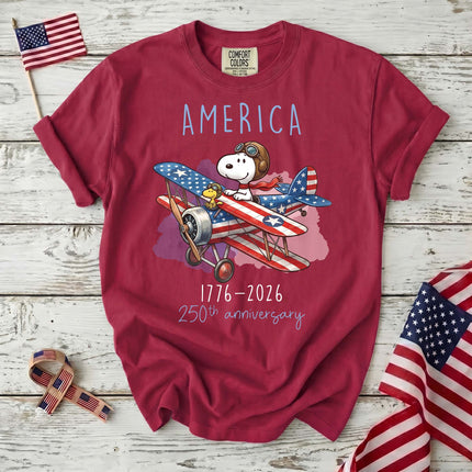CRIMSON_d7d11115-db26-4ad9-ad92-5cf24799d4a9 - AuraNations - Comfort Colors America 1776-2026 250th Anniversary Patriotic Airplane Dog T-Shirt - Crimson / S - 250TH ANNIVERSARY, ALL, COMFORT COLORS, NO CUSTOM, PRODUCTS, SNPY, TSHIRT
