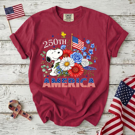 CRIMSON_dd9e3c06-486f-48a4-a4e0-cee78dcf09e6 - AuraNations - Comfort Colors 250th America Patriotic Floral Bouquet Dog T-Shirt - Crimson / S - 250TH ANNIVERSARY, ALL, COMFORT COLORS, NO CUSTOM, PRODUCTS, SNPY, TSHIRT