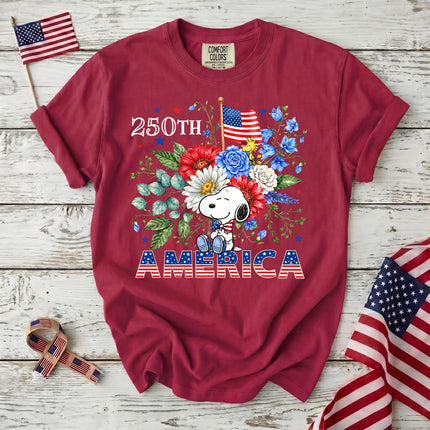 CRIMSON_eeed3823-05f2-4727-b86e-06c8ec494b6e - AuraNations - Comfort Colors 250th America Patriotic Sitting Floral Dog T-Shirt - Crimson / S - 250TH ANNIVERSARY, ALL, COMFORT COLORS, NO CUSTOM, PRODUCTS, SNPY, TSHIRT