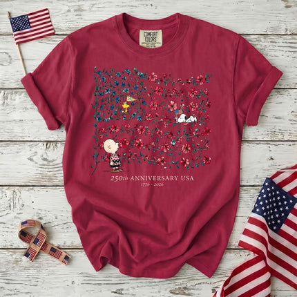 CRIMSON_fbdd8069-617a-4a29-8325-4026244aa482 - AuraNations - Comfort Colors 250th Anniversary USA Floral Vine Flag Friends T-Shirt - Crimson / S - 250TH ANNIVERSARY, ALL, COMFORT COLORS, NO CUSTOM, PRODUCTS, SNPY, TSHIRT