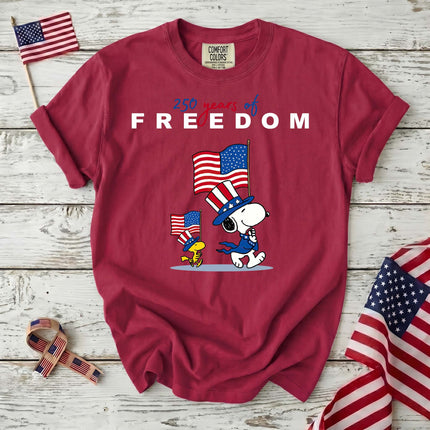 CRIMSON_fff0ac11-339f-4da9-81ae-d73c5ed301e1 - AuraNations - Comfort Colors 250 Years Of Freedom Patriotic Waving Flags Dog T-Shirt - Crimson / S - 250TH ANNIVERSARY, ALL, COMFORT COLORS, NO CUSTOM, PRODUCTS, SNPY, TSHIRT