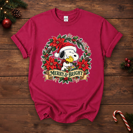 Merry and Bright Christmas Poinsettia Wreath T-Shirt