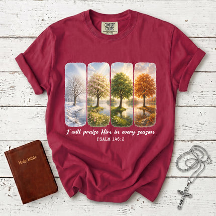 Comfort Colors I Will Praise Him in Every Season Psalm 146:2 Christian Bible Verse T-Shirt