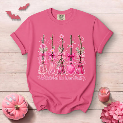 Comfort Colors Pink Witch Broom Breast Cancer Awareness T-Shirt