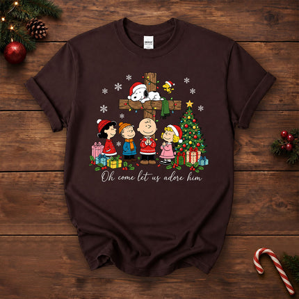 Oh Come Let Us Adore Him Christian Christmas Cross T-Shirt