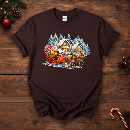 Christmas Reindeer Sleigh Ride Snowy Village T-Shirt