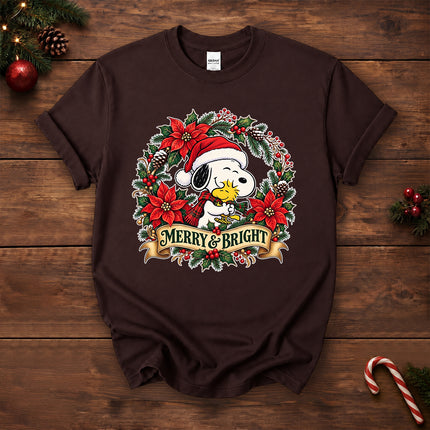 Merry and Bright Christmas Poinsettia Wreath T-Shirt