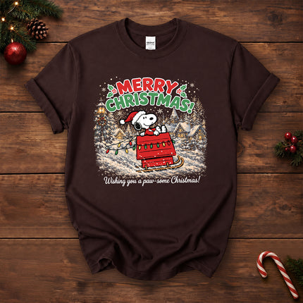 Merry Christmas Snowy Sleigh Village Holiday Lights T-Shirt