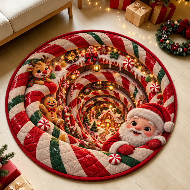 Christmas Round Rug Santa Candy Cane Holiday Doormat