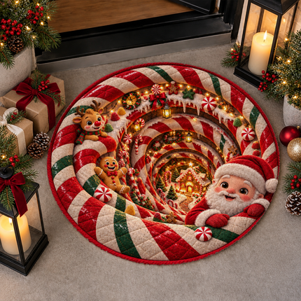 Christmas Round Rug Santa Candy Cane Holiday Doormat