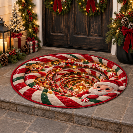 Christmas Round Rug Santa Candy Cane Holiday Doormat