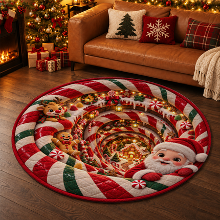 Christmas Round Rug Santa Candy Cane Holiday Doormat