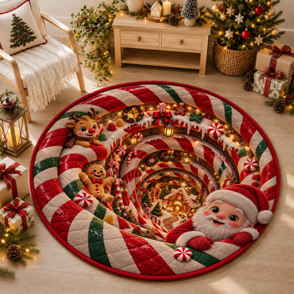 Christmas Round Rug Santa Candy Cane Holiday Doormat