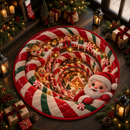 Christmas Round Rug Santa Candy Cane Holiday Doormat