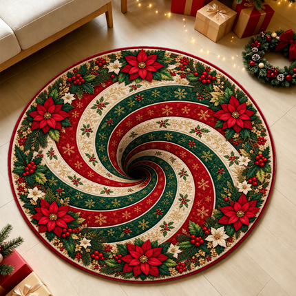 Christmas Round Rug Poinsettia Swirl Holiday Doormat