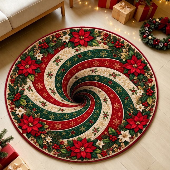 Christmas Round Rug Poinsettia Swirl Holiday Doormat