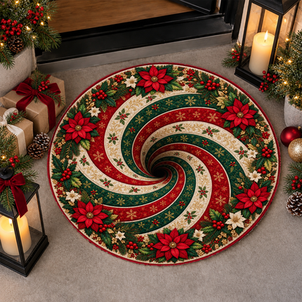Christmas Round Rug Poinsettia Swirl Holiday Doormat