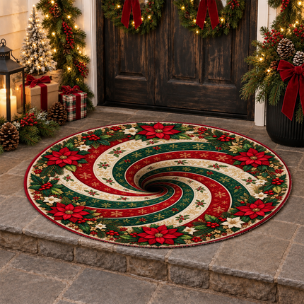 Christmas Round Rug Poinsettia Swirl Holiday Doormat