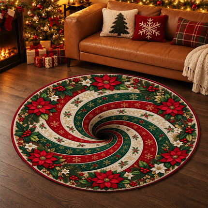 Christmas Round Rug Poinsettia Swirl Holiday Doormat