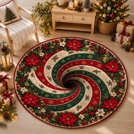 Christmas Round Rug Poinsettia Swirl Holiday Doormat