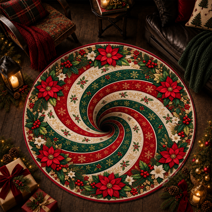 Christmas Round Rug Poinsettia Swirl Holiday Doormat
