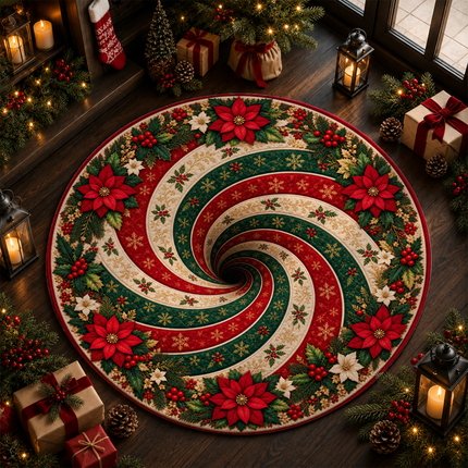 Christmas Round Rug Poinsettia Swirl Holiday Doormat