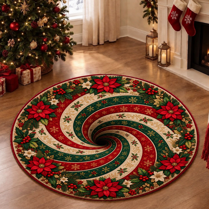 Christmas Round Rug Poinsettia Swirl Holiday Doormat