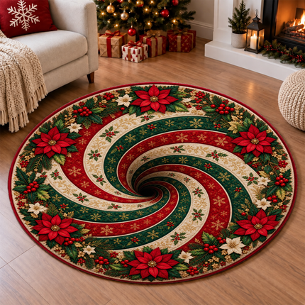 Christmas Round Rug Poinsettia Swirl Holiday Doormat