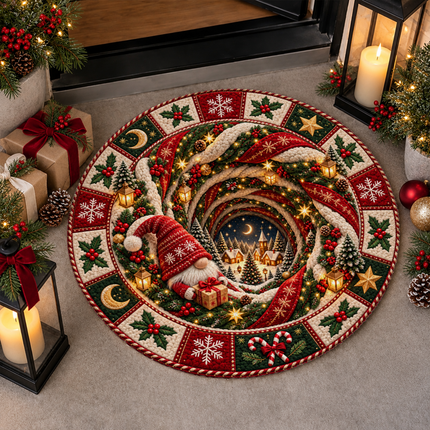 Christmas Round Rug Gnome Winter Village Doormat