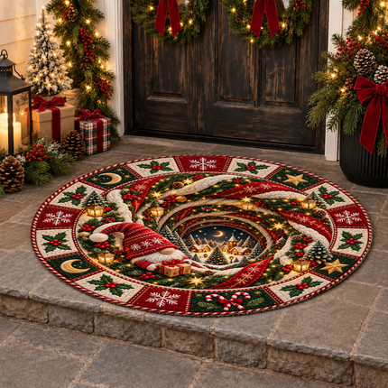 Christmas Round Rug Gnome Winter Village Doormat