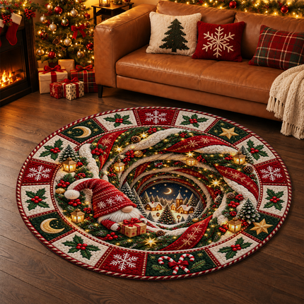 Christmas Round Rug Gnome Winter Village Doormat