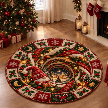 Christmas Round Rug Gnome Winter Village Doormat