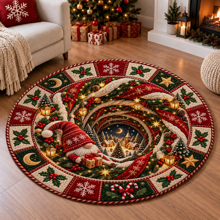 Christmas Round Rug Gnome Winter Village Doormat