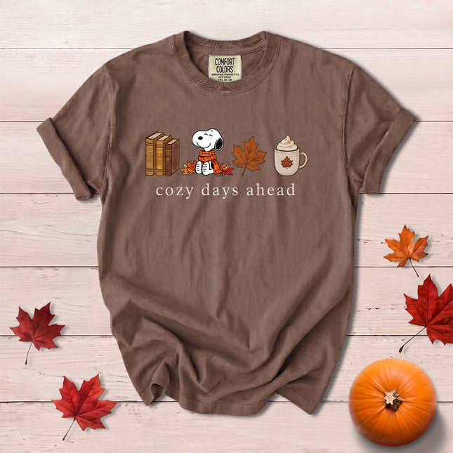 Comfort Colors Fall Autumn Cozy Days Ahead Books Coffee Maple Leaves T-Shirt