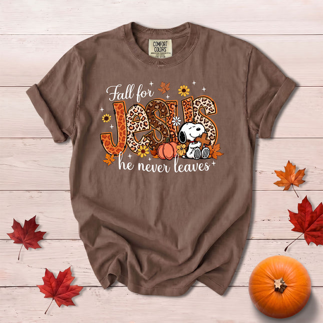 Comfort Colors Fall for Jesus He Never Leaves Leopard Pumpkin Christian T-Shirt