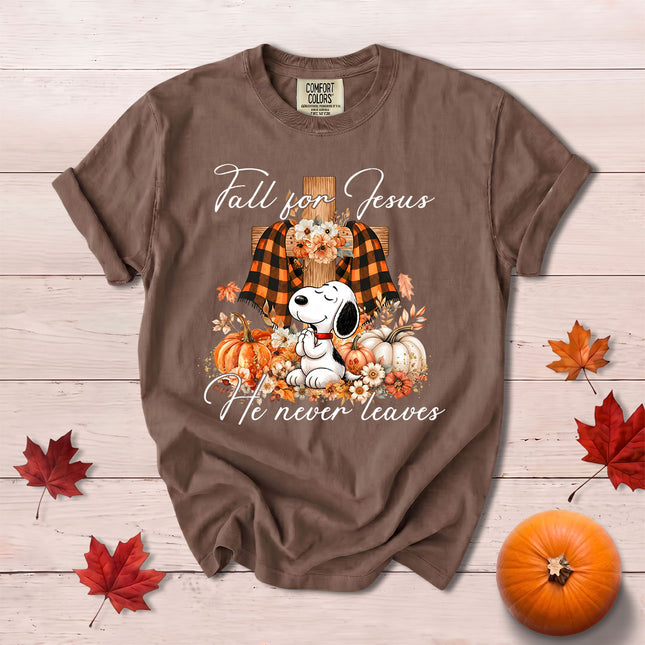 Comfort Colors Fall for Jesus He Never Leaves Plaid Cross Pumpkin T-Shirt