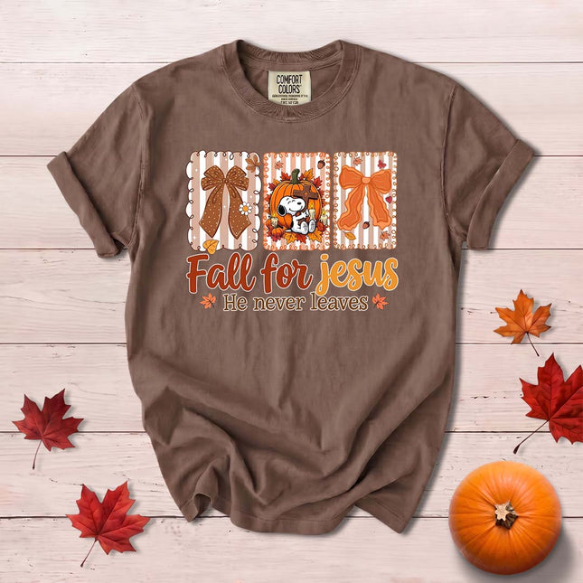 Comfort Colors Fall for Jesus He Never Leaves Christian Pumpkin Bow T-Shirt