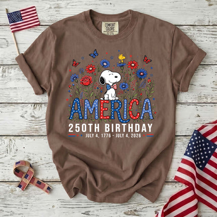 ESPRESSO_790e69d3-456e-4c28-b6bd-d341ee29847b - AuraNations - Comfort Colors America 250th Birthday Bowtie Floral Dog T-Shirt - Expresso / S - 250TH ANNIVERSARY, ALL, COMFORT COLORS, NO CUSTOM, PRODUCTS, SNPY, TSHIRT