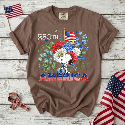ESPRESSO_b7fe3544-99a4-4dd3-a9ac-6ea31c4426f7 - AuraNations - Comfort Colors 250th America Patriotic Sitting Floral Dog T-Shirt - Expresso / S - 250TH ANNIVERSARY, ALL, COMFORT COLORS, NO CUSTOM, PRODUCTS, SNPY, TSHIRT